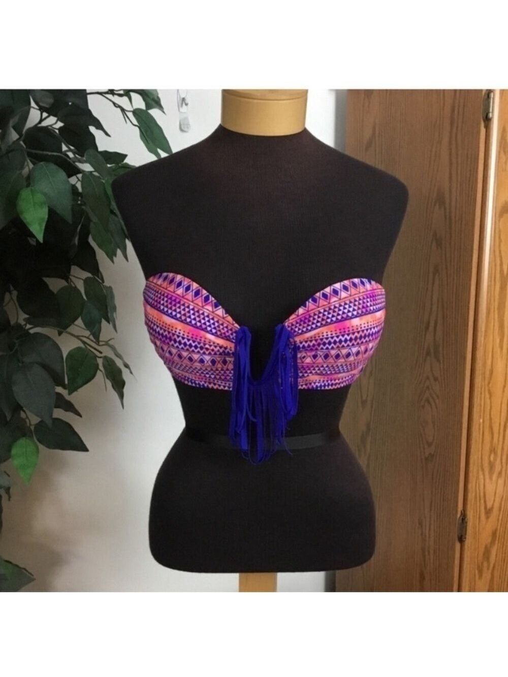 Women’s Bongo Bandeau Bikini Top Medium Blue Pink Orange (One Strap Missing)